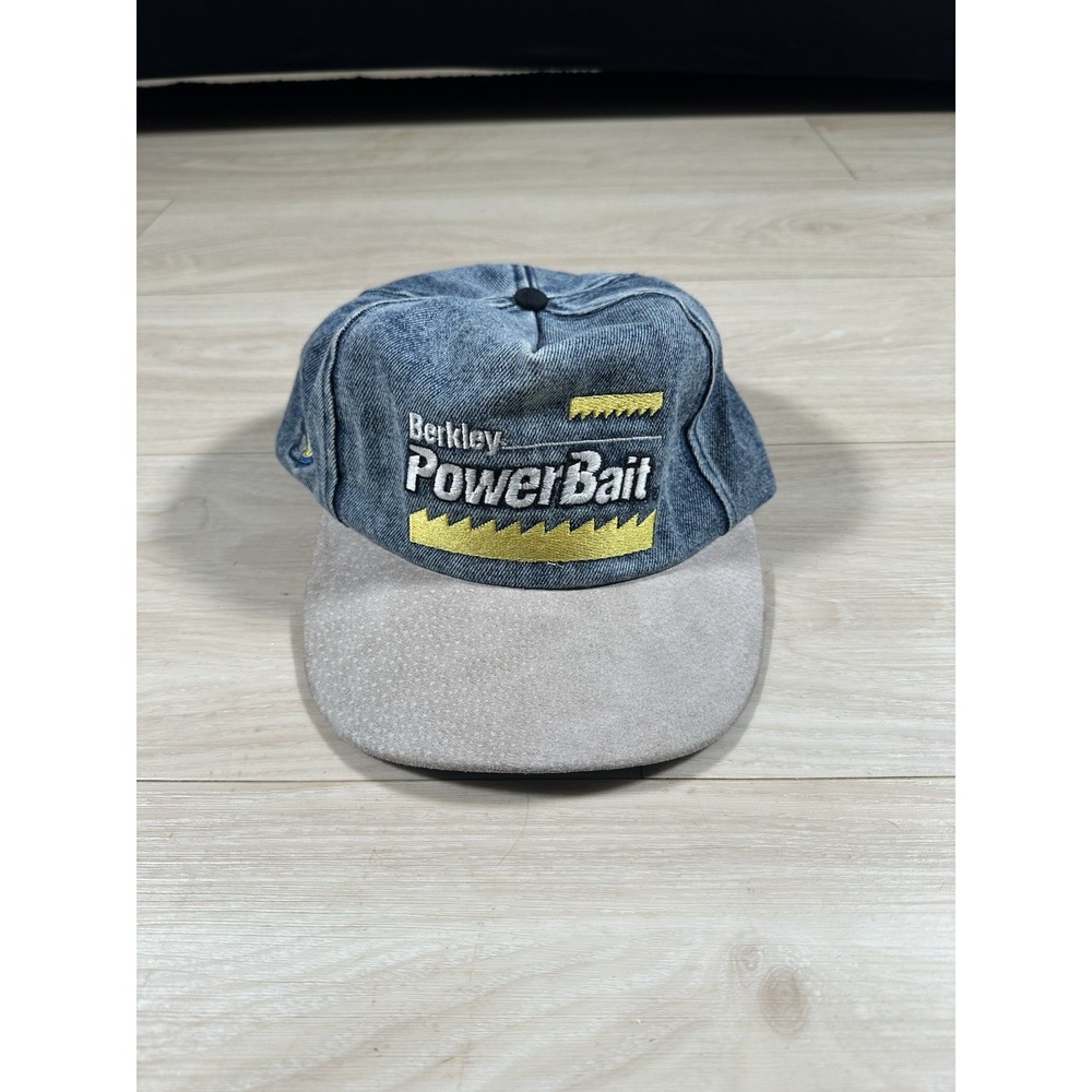 Vintage 90s Berkley Power Bait Fishing Hat Snapback Denim Suede Lure Promo